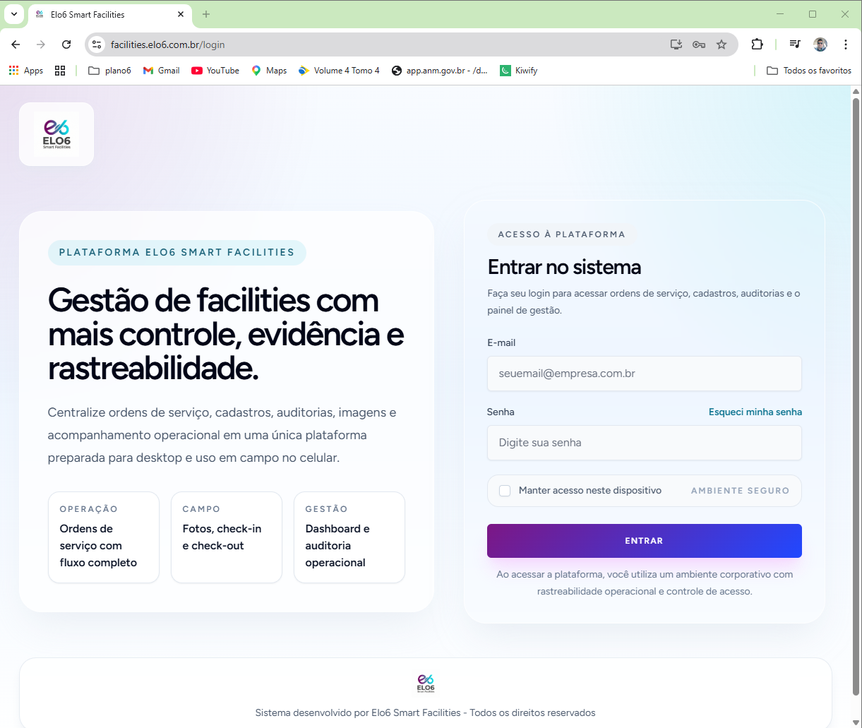 tela de login do sistema com campos de e-mail e senha e botão principal de acesso