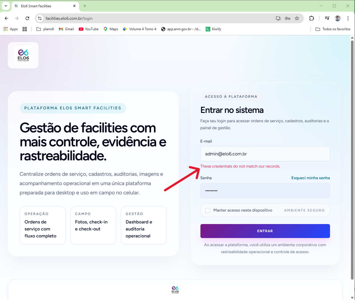 exemplo de erro de login com mensagem de credenciais inválidas exibida na própria tela