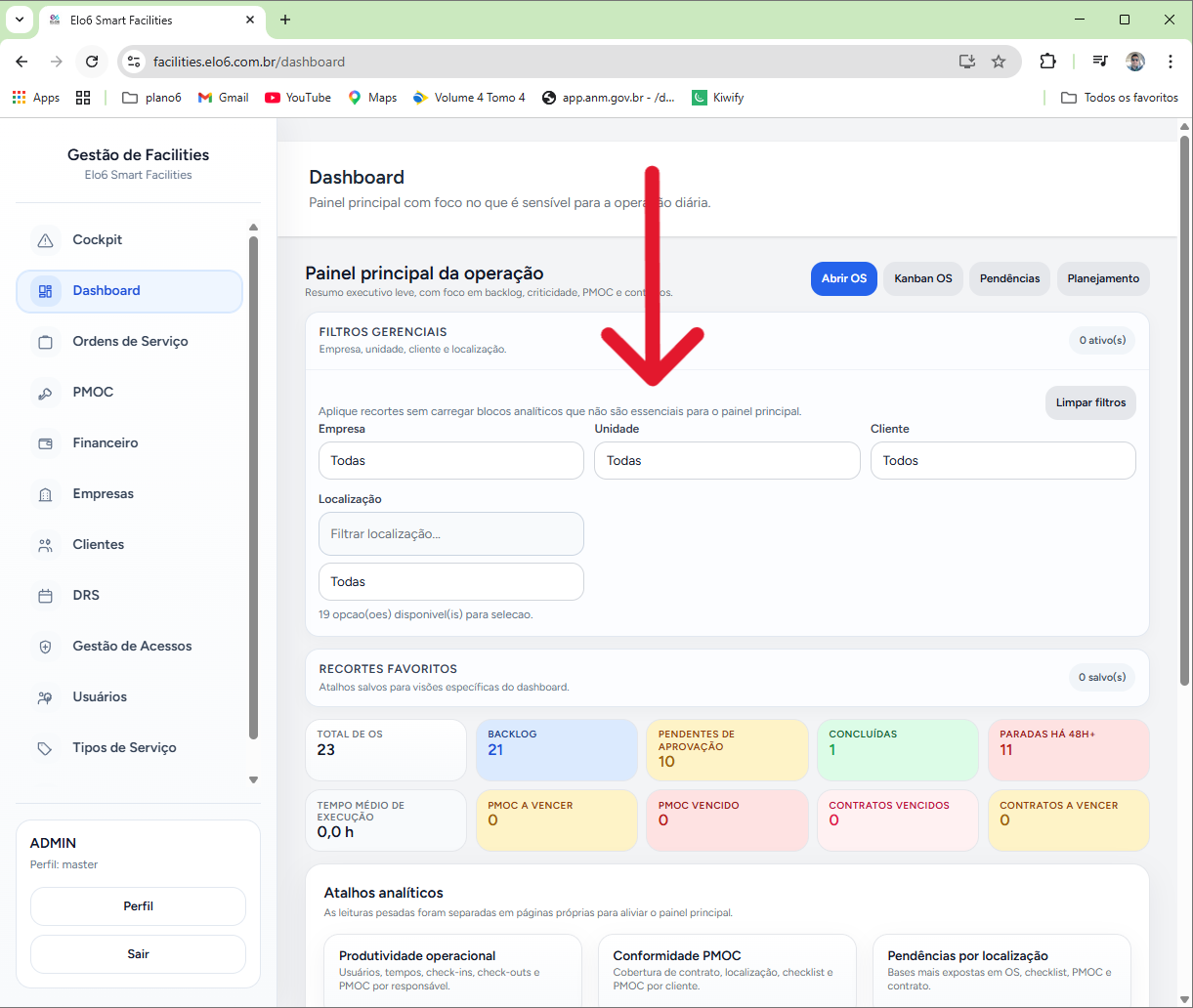 exemplo de listagem com filtros por empresa, unidade, cliente, localização e status