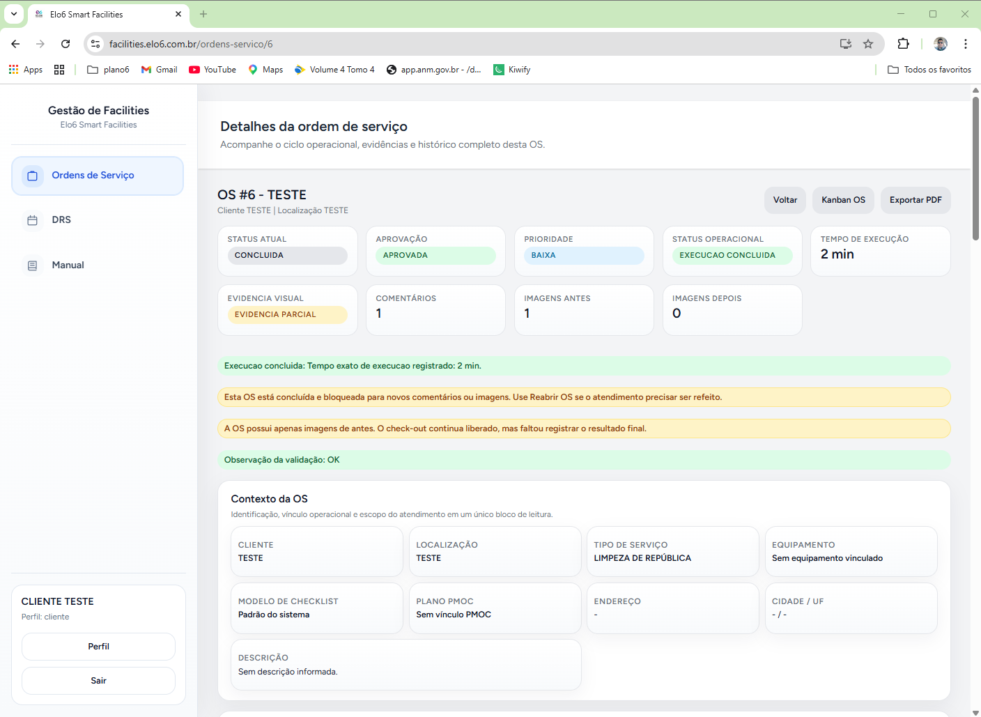 tela de detalhes da Ordem de Serviço com cabeçalho, status, dados contextuais, checklist, comentários e histórico