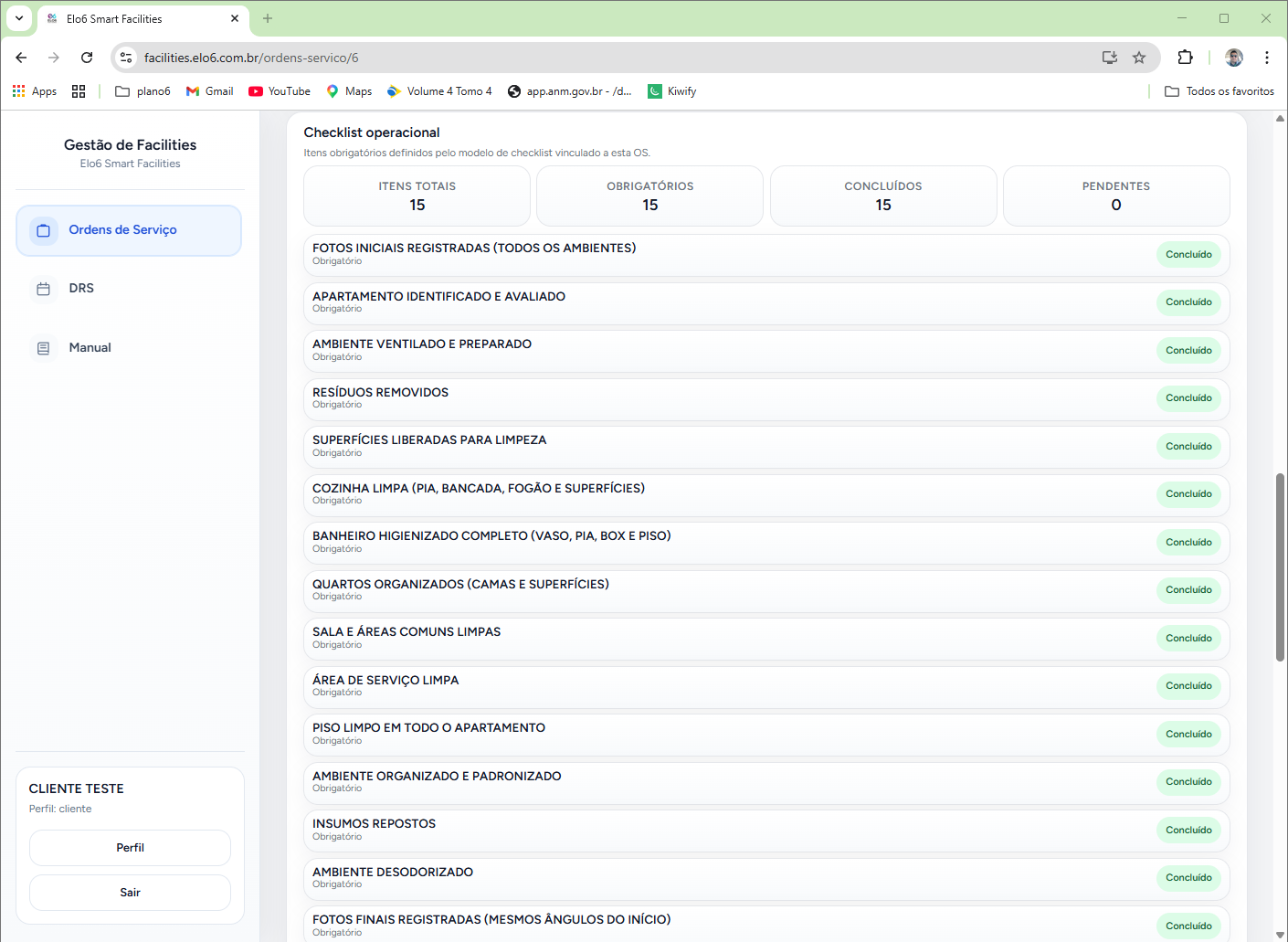 seção de checklist da OS com itens obrigatórios marcados e resumo do progresso