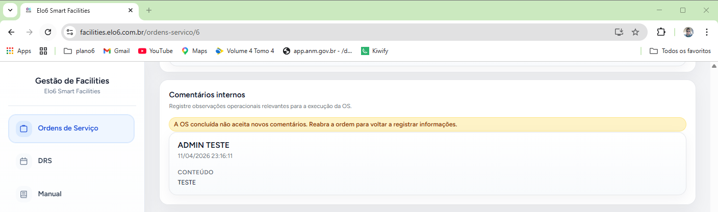 seção de comentários da OS com registros cronológicos da execução