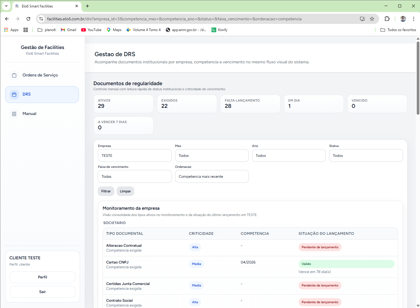 tela de listagem de DRS com filtros por empresa, competência, categoria, tipo e status
