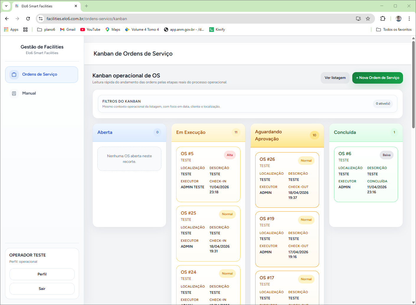 primeira tela após login do perfil Operador com filtros, Kanban e botão de nova OS