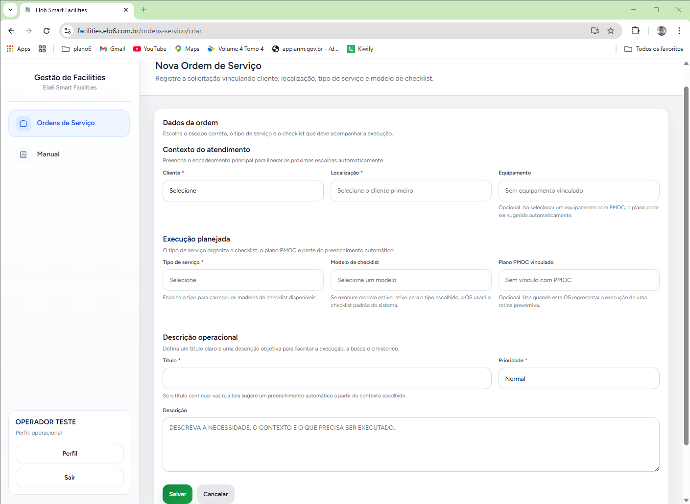 tela de criação de Ordem de Serviço em desktop com campos principais visíveis