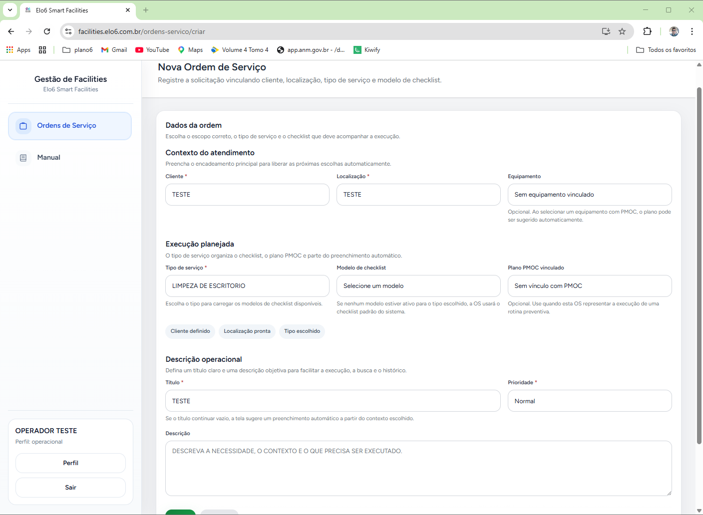 tela de criação de Ordem de Serviço com cliente selecionado, localização definida, tipo de serviço e checklist preenchidos
