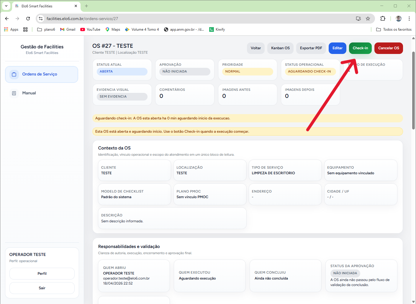 detalhe da OS aberta com botão de check-in destacado