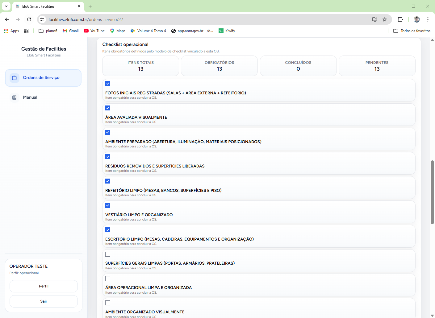 seção de checklist da OS em andamento com itens obrigatórios e indicador de progresso