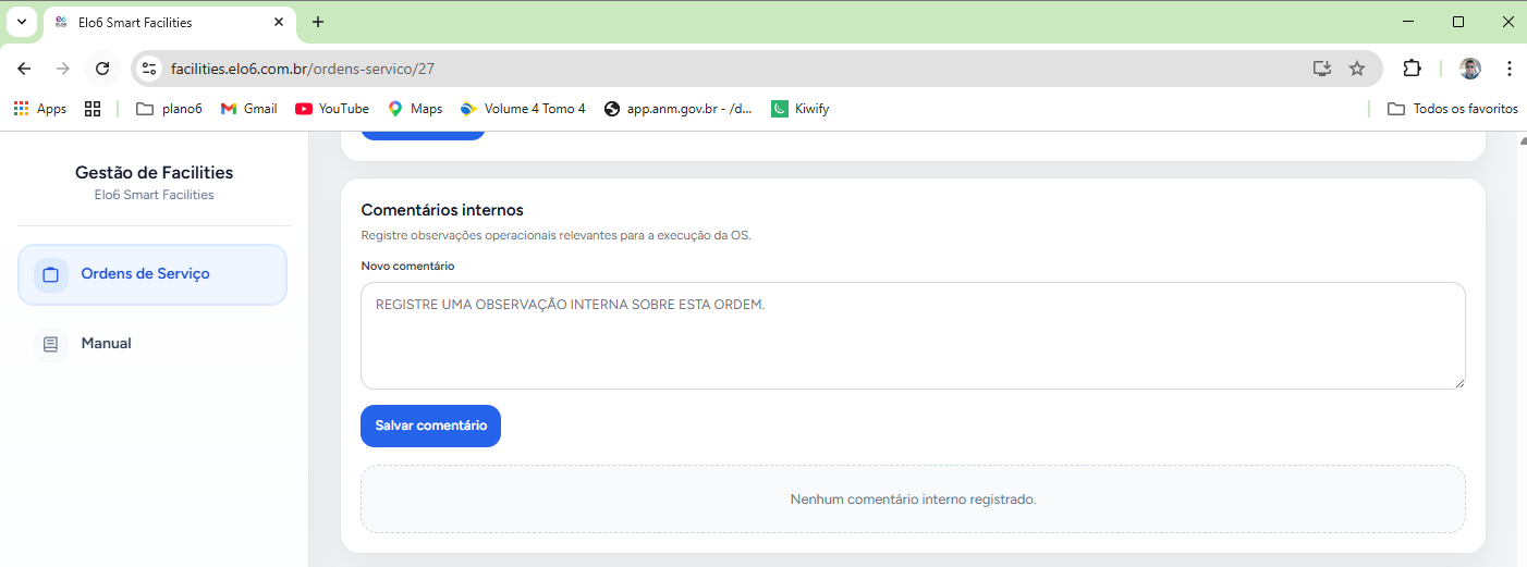 área de comentários da OS em andamento com campo de inclusão e histórico de registros