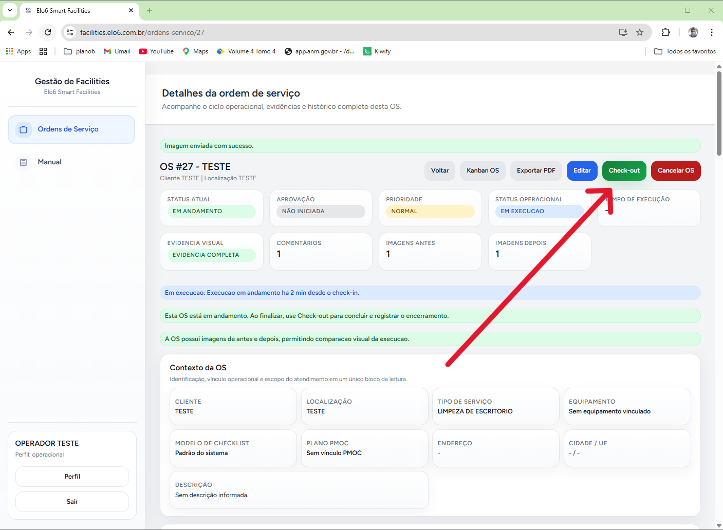 detalhe da OS em andamento com checklist concluído, comentário registrado, imagem anexada e botão de check-out