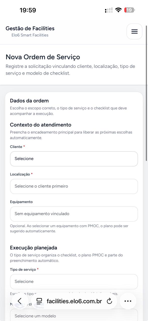 versão mobile da criação de OS com formulário simplificado e campos de contexto